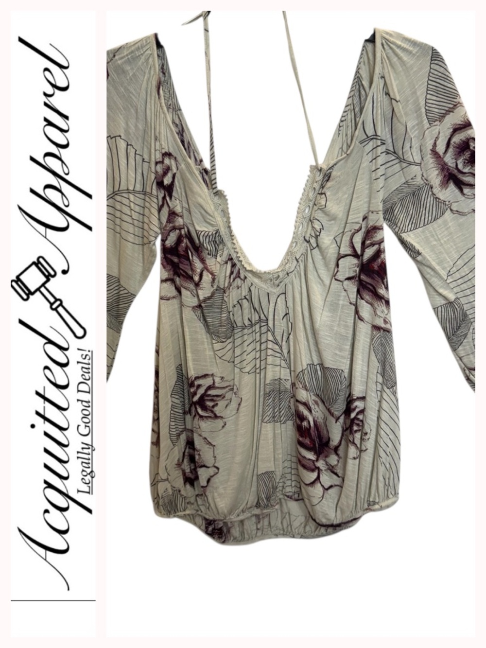Free Peole Taupe Cream Floral Deep Knitted V neck Swoop Back Blouse